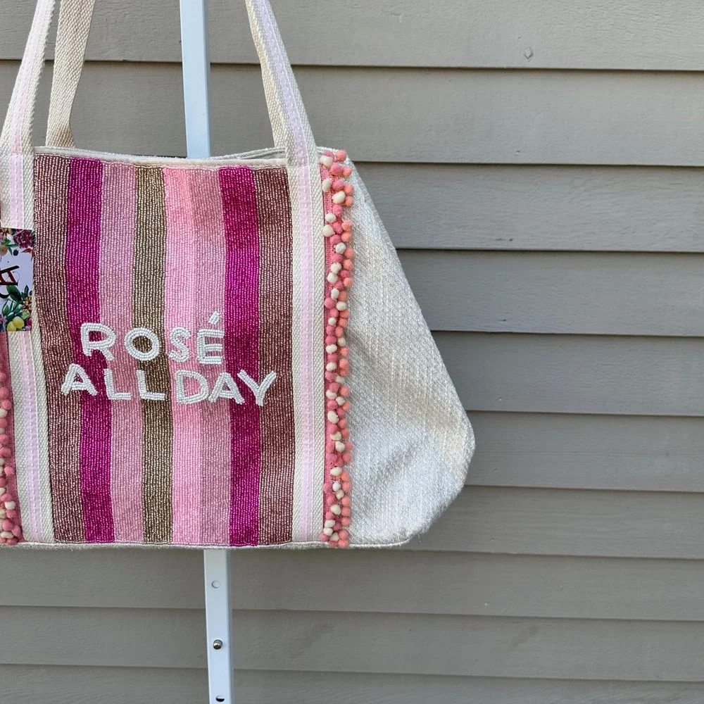 America & Beyond Rose' All Day Embellished Glitter Beaded Tote Bag Beach